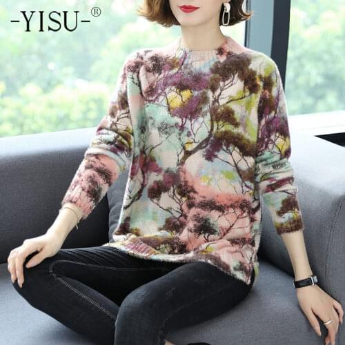 YISU Women Sweater Printing O-Neck Jumper Long Sleeve Casual Fashion Retro Loose Warm Imitation Mink Female Knitted pullover