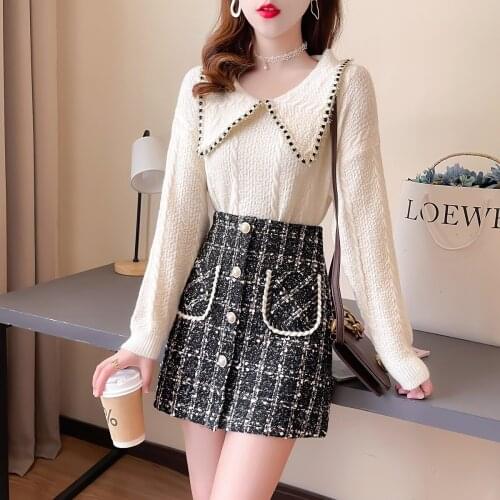 Fall Winter New Little Fragrance Womens Suit Sweet Ladies Warm Pullover Knitted Sweater + Tweed High Waist Skirt Two Piece Set