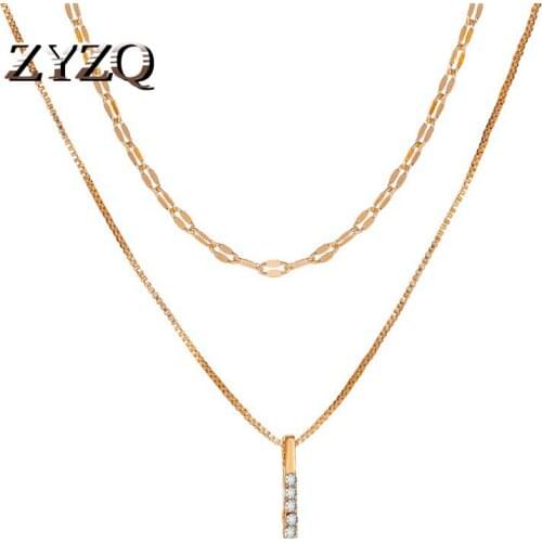 ZYZQ Simple Fashion Double Layer Crystal Clavicle Chain Necklace for Women Sweet Gold Color Rectangle Accessories Wholesale