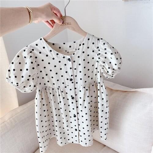 2021 Summer girls cute dot short sleeve dresses korean style linen cotton single breasted kids puff sleeve dress