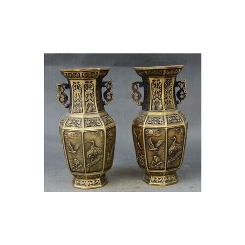 8" China Palace BRASS Dragon Crane Bird Fish Auspicious Bottle Vase Pair s unicornio garden decorationroom Art