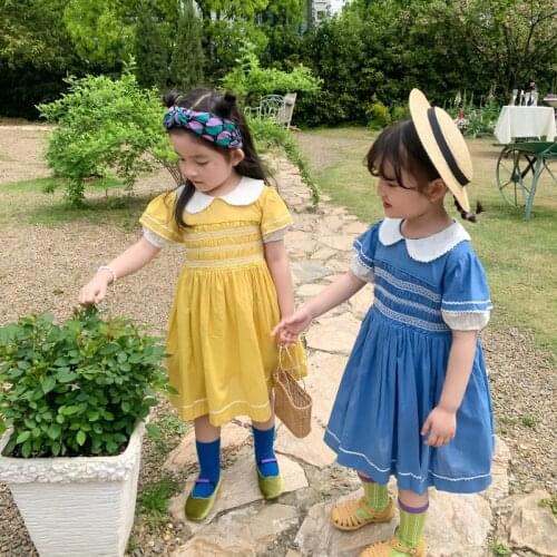 Little Girls Smocked Dresses Childen Blue Yellow Embroidery One Piece Girls Smocking Handmade Dress with Collar Kids Clothing