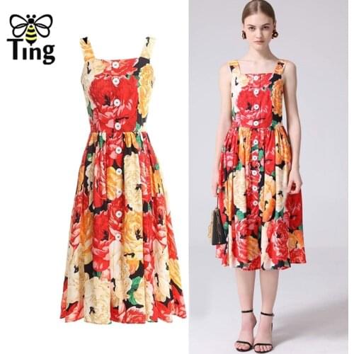 Tingfly 2021 Designer Floral Fixed Single Breasted Summer Casual A Line Midi Long Dress Vintage Strap Sundresses Large Size Robe