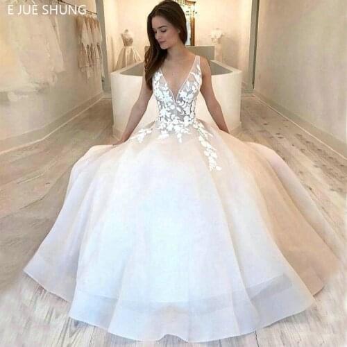 E JUE SHUNG White Organza Lace Appliques Ball Gown Wedding Dresses V-Neck Lace up Back Wedding Gowns Bride Dresses