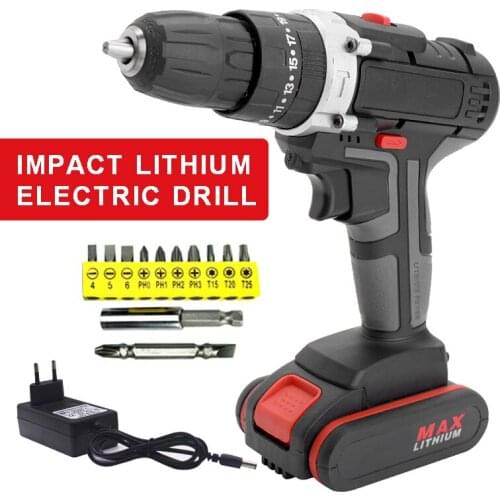 3/8" Electric Drill With Battery Screwdriver Bit 25V Rechargable Household Cordless Impact Drill Set Electrical Power Tool