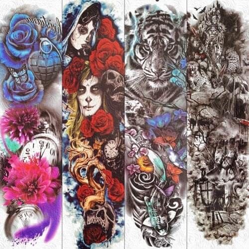 FANRUI Rose Skull Tiger Full Flower Arm Tattoos Temporary Body Art Henna Tattoo Stickers For Men Women Waterproof Fake Tatoo DIY