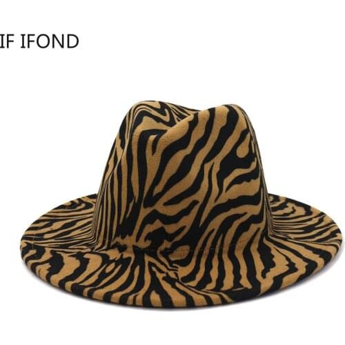Women Unisex Wool Felt Fedora Hats Winter Autumn Wide Brim Party Trilby Panama Hat Fashion Zebra pattern Jazz Cap