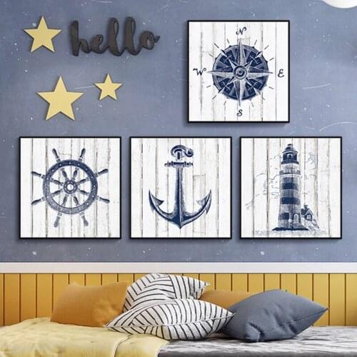 Nautical Nursery Wall Art Canvas Painting Navy Pictures Anchor Compass Lighthouse Posters for Mediterranean Boy Room Home Decor