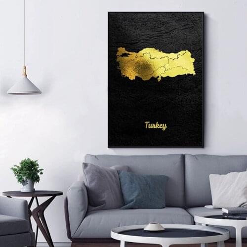 Classic Golden Map Art Turkey Canvas Poster Home Decoration Painting Painting Living Room Kitchen Map Painting Frame