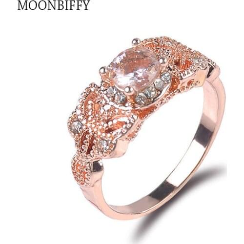 Engagement Wedding Ring Set For Women Rose Gold Leaf Flower Plate Rhinestone Romantic Bling Party Jewelry