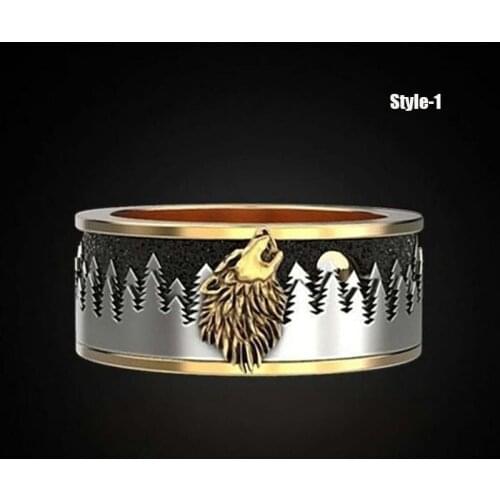 Dark Fogrest Wolf Pattern Plate Ring Double Color For Woman/Men Finger Accessories Thick Band Plus Size Animal Topic Jewelry