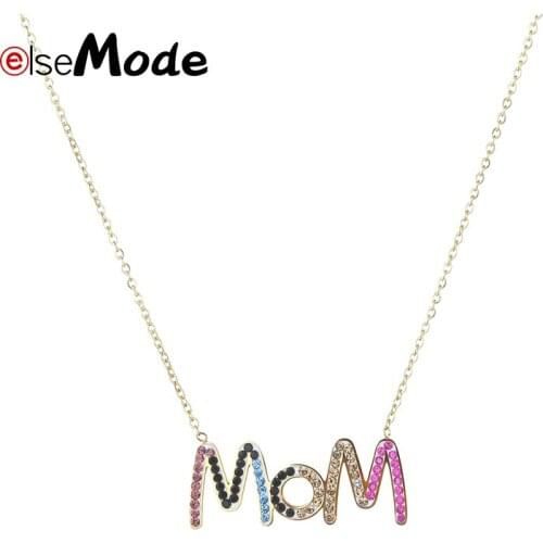 ELSEMODE Fashion MOM Colorful Crystal Choker Jewelry Gold Stainless Steel Women Charms Necklace For Mothers Day Gifts