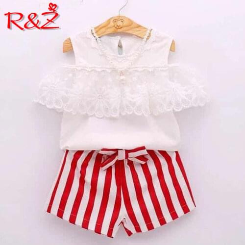 R&Z Girls Clothes 2019 New Summer Sets Bare Shoulder Lace Blouse +striped Shorts 2pcs Suits for Kids Childrens Clothing k1