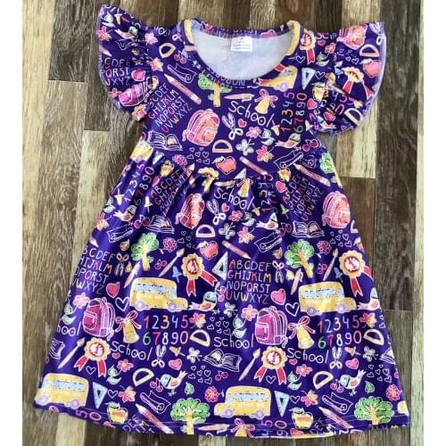Fashion Kids Clothing Baby Girl Back To School Clothes Purple Stationery School Bus Print Dress