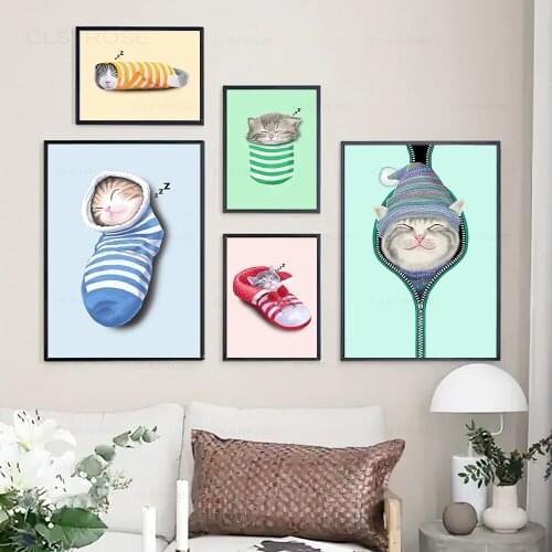 Cartoon Cute Cat Paper Pocket Shoe Sock Wall Art Canvas Painting Toddler Animal Poster Print Picture Living Kids Room Home Decor