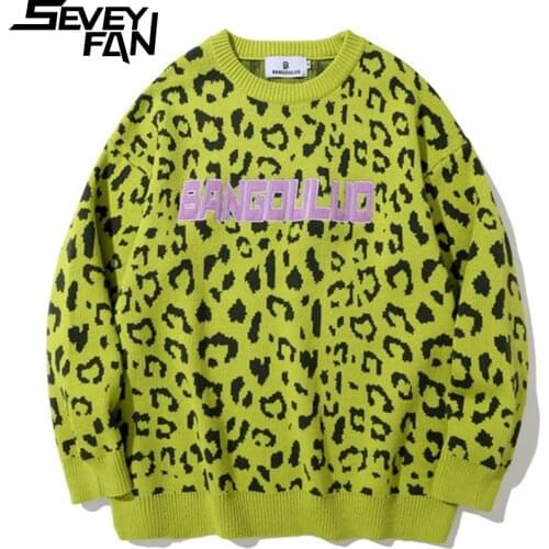 SEVEYFAN Mens Fashion Leopard Letters Embroidery Sweater Loose O Neck Knitwear Hip Hop Pullover Sweaters for Couples