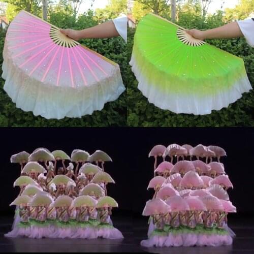 Real Silk Mo Li Hua Dance Fan Veils China Traditional Short Folding Bamboo Fan 53cm(21") Adult Size Free Shipping