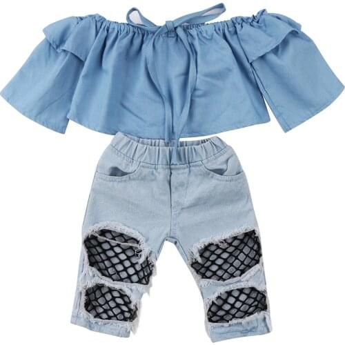 Baby Girls Off Shoulder Clothing Toddler Kids Tops Denim Pants Hole Jeans Outfits Clothes