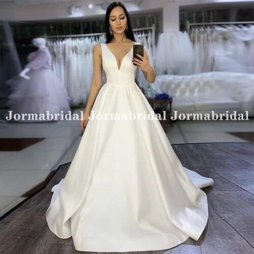 Satin A-Line Wedding Dress Cheapest Deep V-Neck Women Sleeveless Long Bridal Dresses Formal Party Gowns Simple Summer Dress