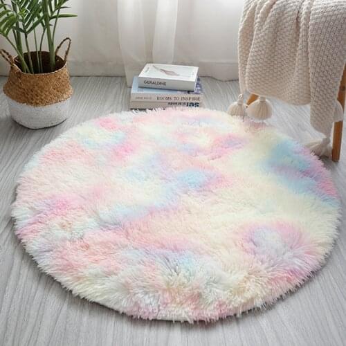 Rainbow Round Fluffy Faux Fur Rug Non Slip Washable Shaggy Dining Home Bedroom Floor Decorative Carpet