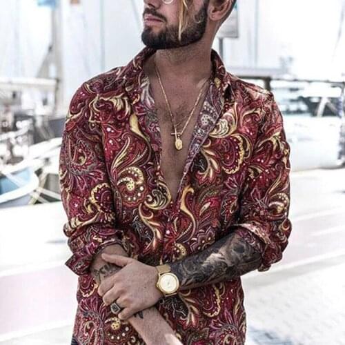 2021 Summer Vintage Floral Printed Long Sleeve Shirts Men Autumn Lapel Buttoned Shirts Beach Casual Fashion Mens Tops Streetwear
