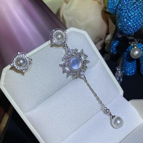 Asymmetry Magic Mirror AB Section Ear Studs Female White Fritillary Pearl Earrings Temperament Tassel Chain Jewelry Wedding