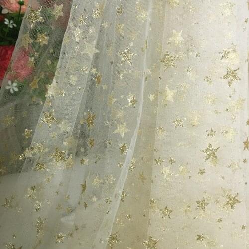 1m Champagne gold Star Embroidery Gypsophila Mesh Lace Fabric Sequined Stars Tulle Fabric For Evening dress Bridal skirt