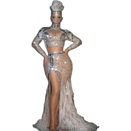 Sparkling Sequins High Slit Dress Two-Piece Suit Long Sleeve Party Evening Costume Ladies Dance Costume Club Stage Clothing