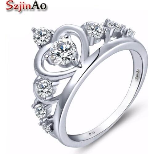 Szjinao 925 Sterling Silver Crown Wedding Rings for Women Retro Round Shape White Zircon Party Engagement Rings bague argent