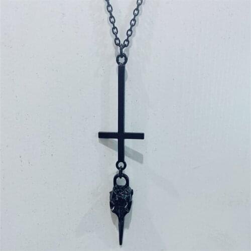 Gothic Black Cross Crow Skull Pendant Necklace, Pagan Jewelry, Inverted Cross, Fashion Glamour Lady Gift