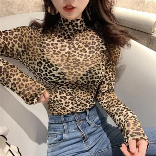 Women Leopard Mesh Perspective Tshirt Sexy Slim Female Half High Collar Long Sleeve T-shirts Bottoming Tops Hot Hot