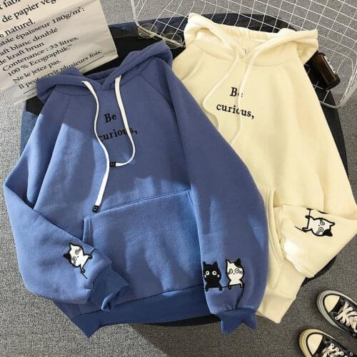 Harajuku Cat Printed Long Sleeve Hoodies Women Winter Autumn Plush Fleece Hooded Sweatshirt Cute Plus Size Pockets Pullover Tops