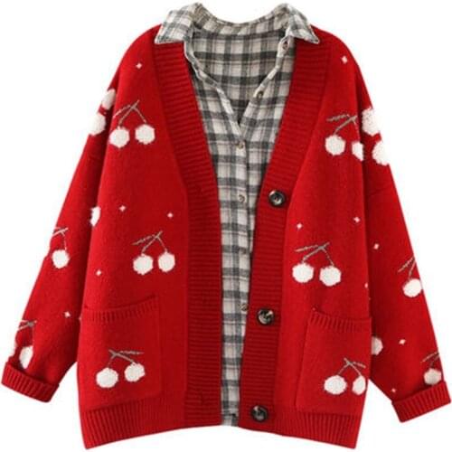 Fruit Cherry Embroidered Knit Cardigan Jacket Women 2020 New Spring Autumn V Neck Sweater Knit Skirt Winter Coat Tops Female