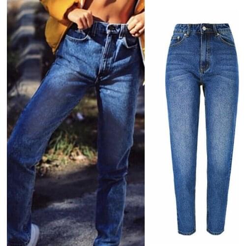 Fashion Womens Vintage High Waist Boyfriend Jeans Casual Straight Denim Pants Blue Cotton Trousers