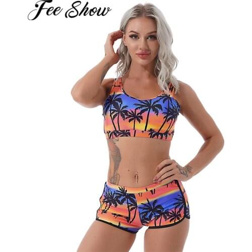 2Pcs Biquini Swimsuits Women Summer 2021 Swimming Bathing Suits Push Up Pads Crop Tops Printed Shorts Swimwear Beach Bikinis Set