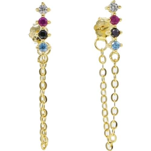 New Chain Stud earrings Personality 925 sterling silver Hanging stud Earrings Korean Chain Dangle colorful cz Womens Jewelry