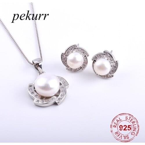 Pekurr 925 Sterling Silver Zircon Whirl Star Freshwater Natural Pearl Earrings Necklace Sets For Women 3D Star Pendants Jewelry