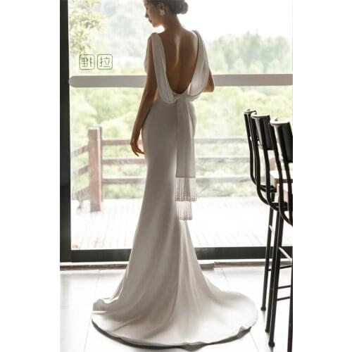 2021 Sweep Train Sheath Soft Satin Sleeveless Scoop Sexy Backless Simple Plain Wedding Dress Bride Gown Vestidos De Novia