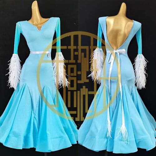 GOODANPAR costume ballroom tango dance dresses women standard Performance white Floral long sleeveParty Women No decoration Blue