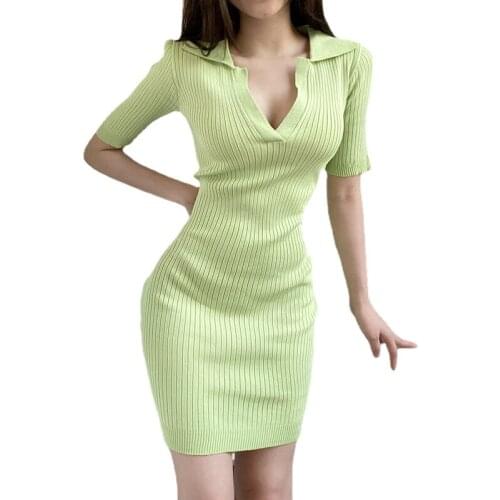 A-line High Waist Skinny Short Sleeve Bodycon Dress for Women 2021 Summer Women Polo Dress Women Knitted Dress