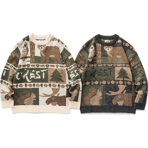 Winter Sweaters Men Casual Round Neck Bear Pattern Retro Mens Pullovers Japanese Style Couple Sweater Cute Women Pullover 2021