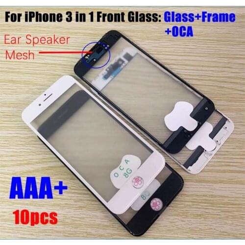10Pcs Cold Press 3 in 1 Front Screen Glass With Frame OCA Glue+Ear Speaker Mesh For iphone 8 7 8plus 6 6s plus 5 5s XR 11 Repair