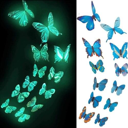 12pcs 3D Luminous Stickers for Kids Rooms Double Layer Butterflies Home Decor Glow In The Dark Art Fluorescent Adhesive Stickers