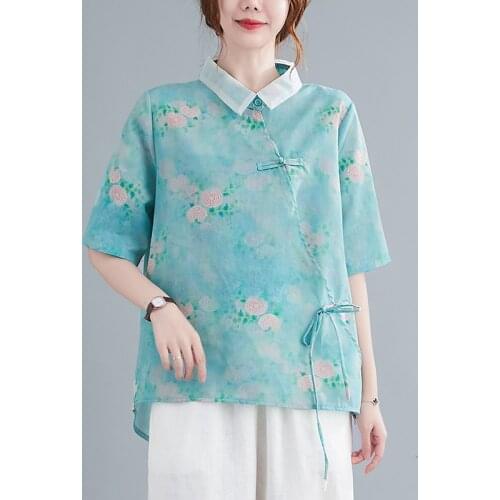2021 chinese traditional top stand-up collar cotton and linen oriental vintage floral printing vintage tang suit shirt qipao top