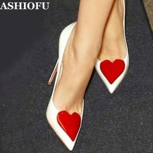 ASHIOFU Handmade Hot Sale Ladies High Heel Pumps Love-heart Designed Party Office Dress Shoes Slip-on Evening Fashion Pump Shoes