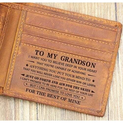 To my grandson Slim Mens Leather RFID Blocking Minimalist Card Front Pocket Bifold Custom in Gift Box