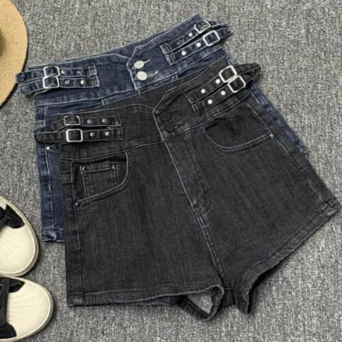 Spring autumn Fashion Belt Denim Shorts Women high waist wide leg jeans shorts