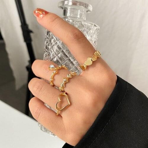 FAMSHIN New Big Hollow Out Heart Rings Set For Women Wedding Party Gold Color Crystal Stone Ring Boho Jewelry Accessories Anillo