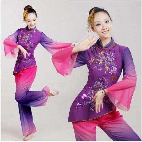 Chinese classical folk dance costumes yangko dance purple costumes female national dance drum wear stage performanceclothes