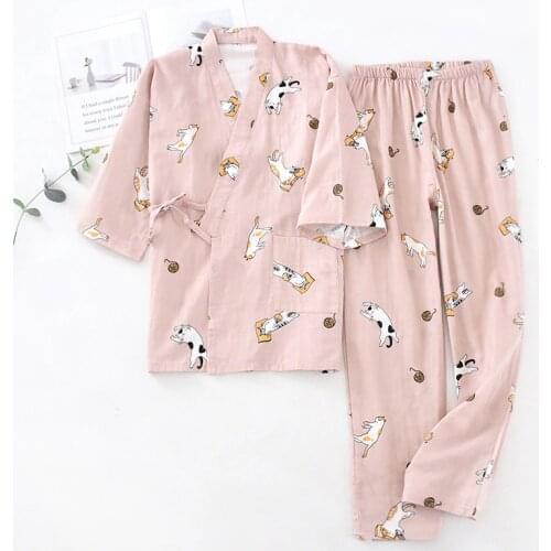 Cotton Gauze Spa Cat Print Women Pajama Set Half Sleeve Kimono Cardigan Long Pants Absorbent Harajuku Woman Sleepwear Sets 2021